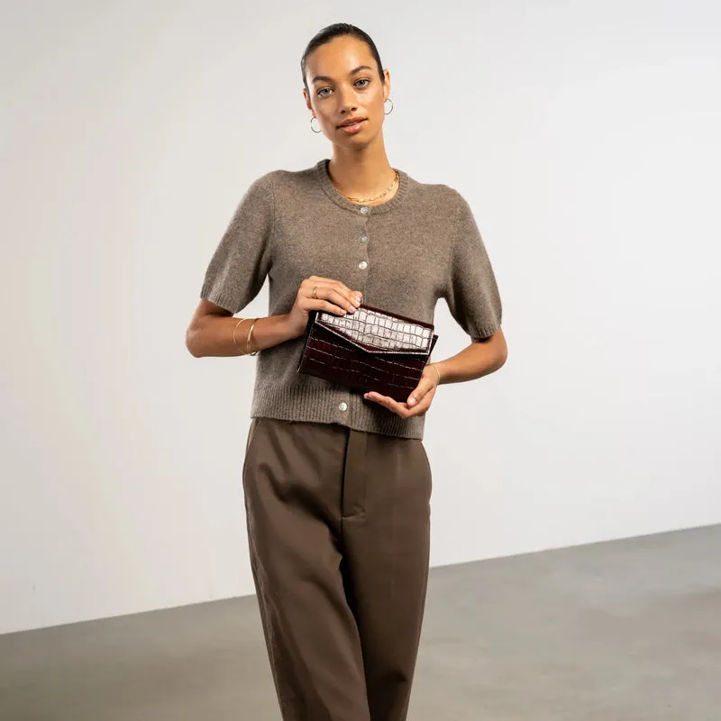Isabel Bernard Honoré Lina Croco Braune Clutch Mit Abnehmbarer Schulterkette IB21135-230