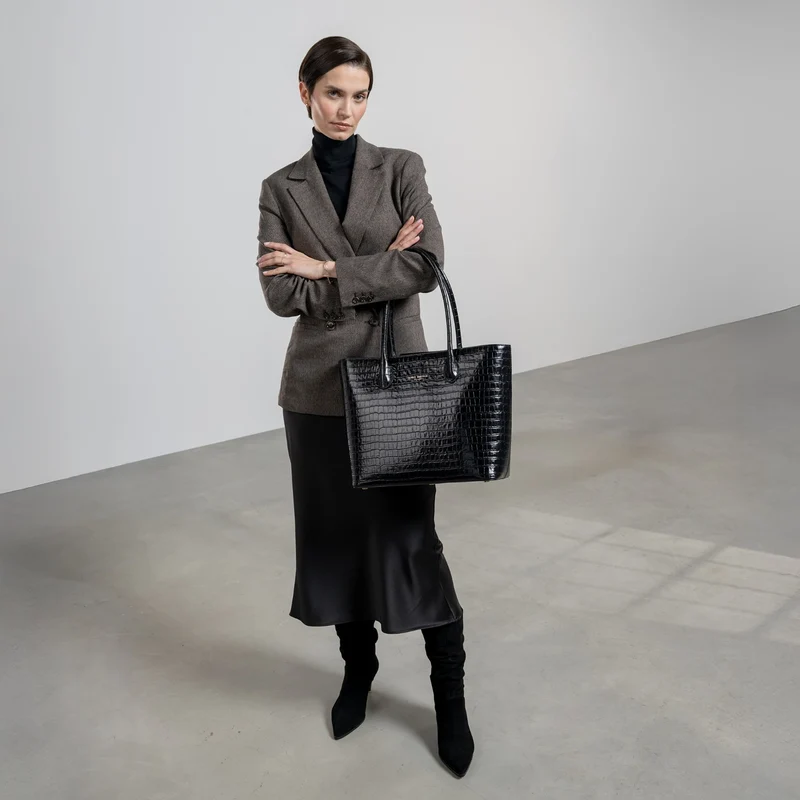 Isabel Bernard Honoré Lysanne Kroko Schwarz Kalbsleder Shopper IB25024