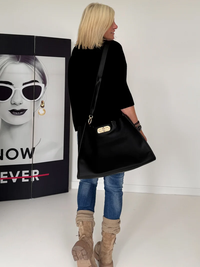 Tasche in Lederoptik mit Twist Lock Verschluss - schwarz