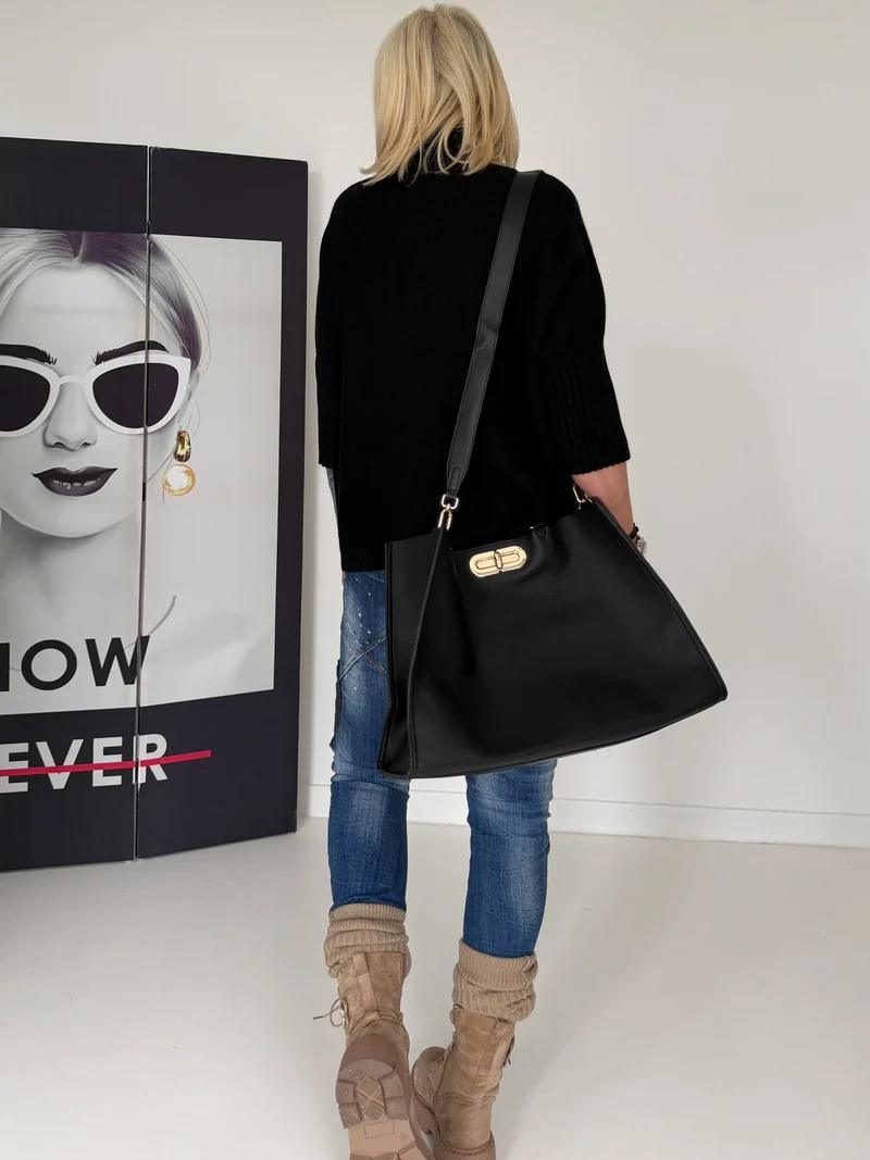 Tasche in Lederoptik mit Twist Lock Verschluss - schwarz