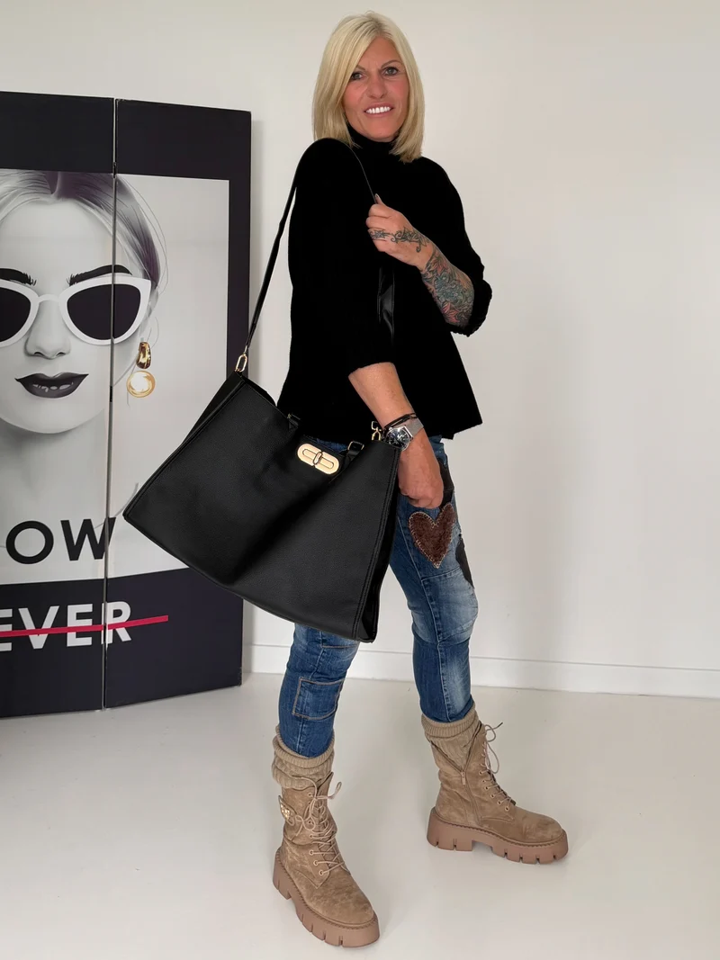 Tasche in Lederoptik mit Twist Lock Verschluss - schwarz