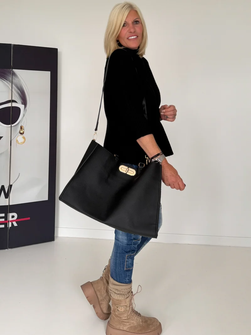 Tasche in Lederoptik mit Twist Lock Verschluss - schwarz