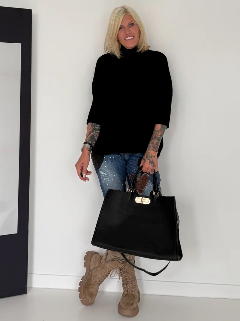 Tasche in Lederoptik mit Twist Lock Verschluss - schwarz
