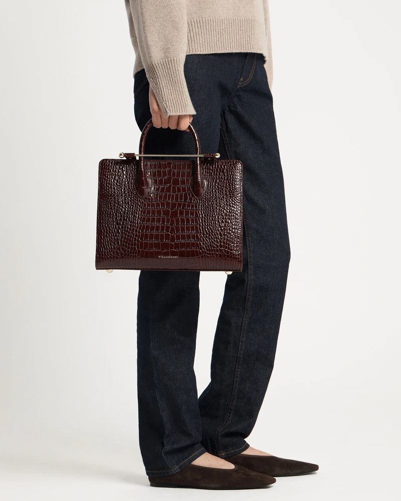 Midi Tote - Croc-Embossed Leather Burgundy
