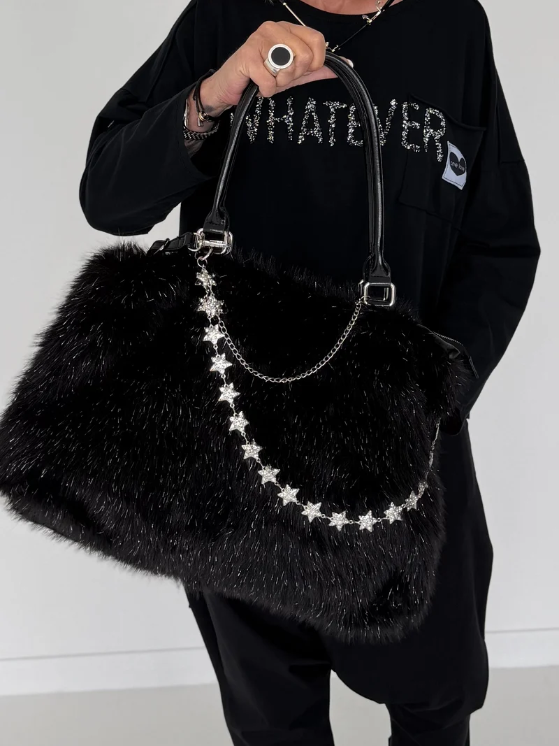 Felltasche mit funkelnden Details - schwarz