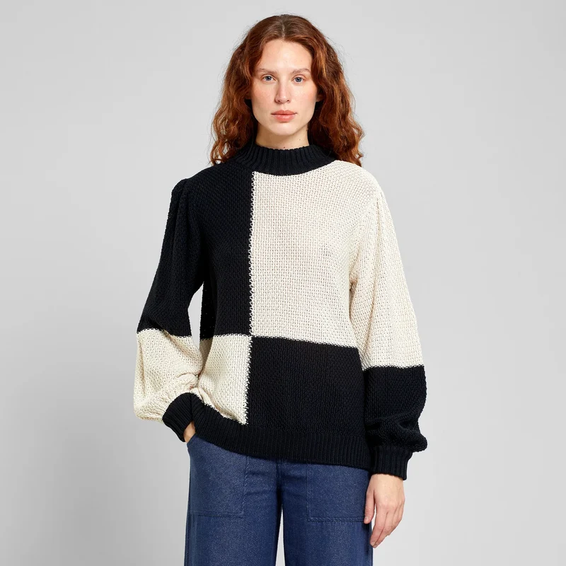 Strickpullover Knitted Rutbo Block Black/Vanilla White