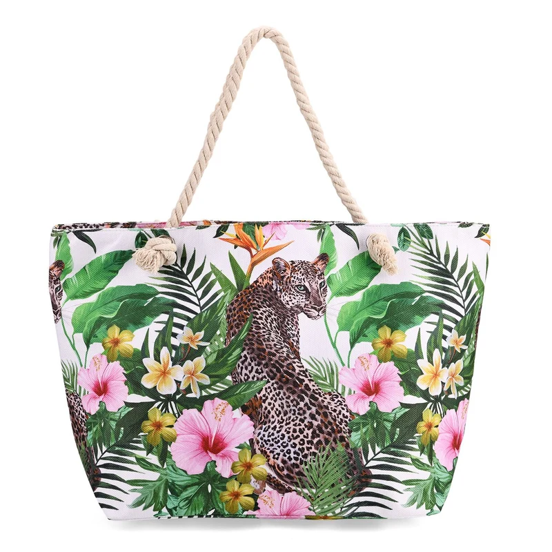 Leoparden- und Blätterdesign - Große Tragetasche mit Reißverschluss, Innentasche, ca. 40.5x 18 x38 cm