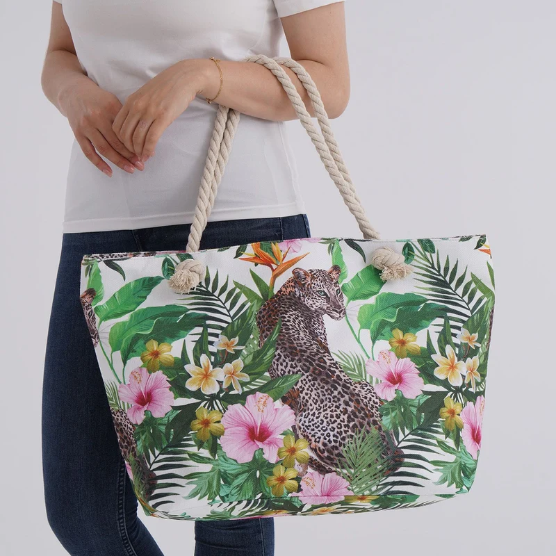 Leoparden- und Blätterdesign - Große Tragetasche mit Reißverschluss, Innentasche, ca. 40.5x 18 x38 cm