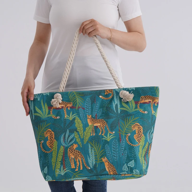 Leoparden- und Blätterdesign - Große Tragetasche mit Reißverschluss, Innentasche, ca. 40.5x 18 x38 cm