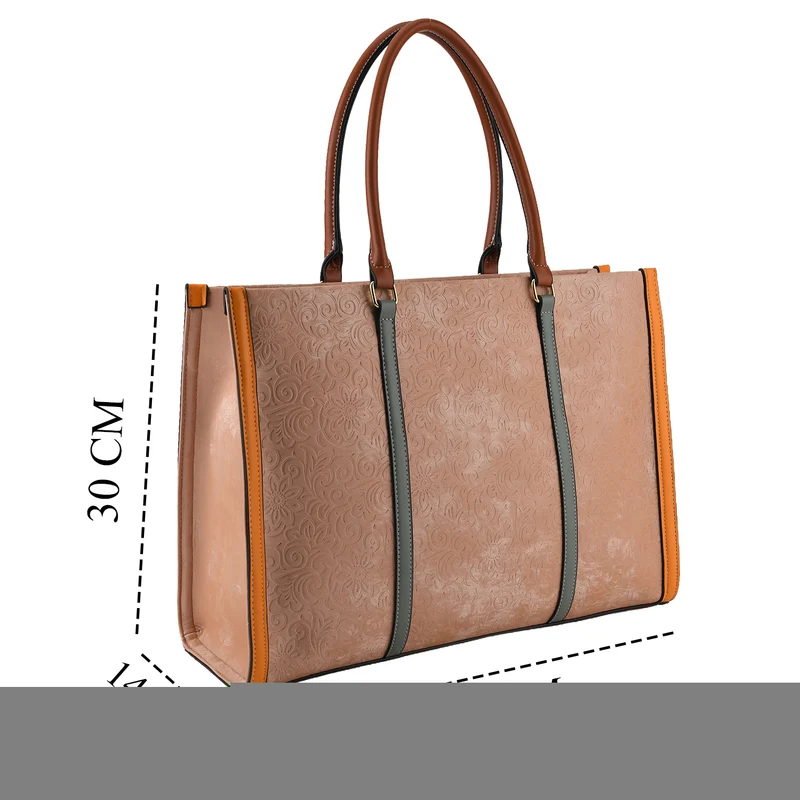 City-Shopper im Colourblock-Design aus Kunstleder mit Schulterriemen und Reißverschlussfächern, ca. 42 x 14 x 30 cm, Pfirsich