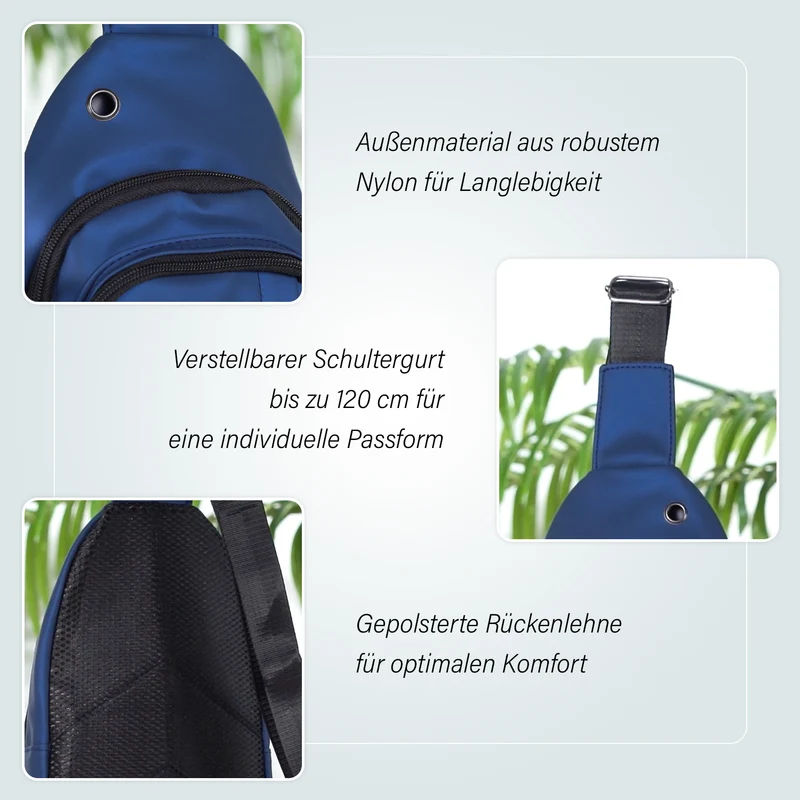 RFID Nylon-Slingbag mit Kopfhöreröffnung, 17x8x30,5 cm, Maße: 17x8x30,5 cm, Blau
