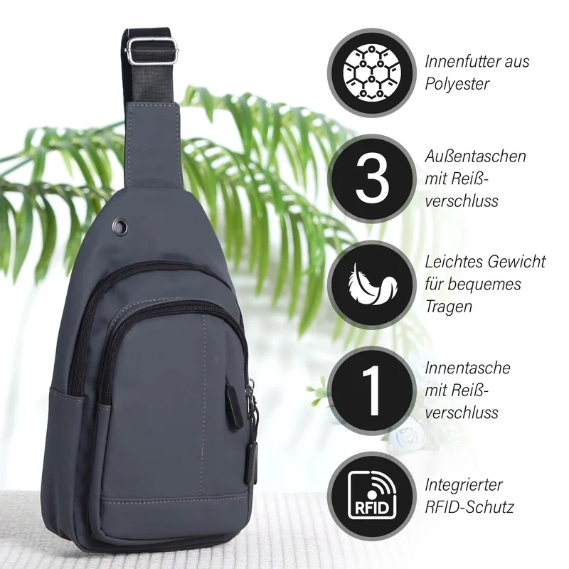 RFID Nylon-Slingbag mit Kopfhöreröffnung, 17x8x30,5 cm, Maße: 17x8x30,5 cm, Blau