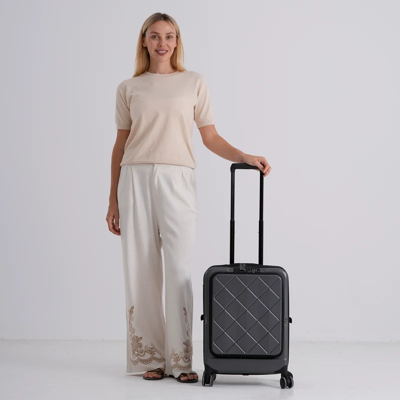 Hartschalen-Handgepäckkoffer, 20 Zoll, Polycarbonat-Schale, 4 Rollen, Teleskopgriff, Polyester-Innenfutter, Grau