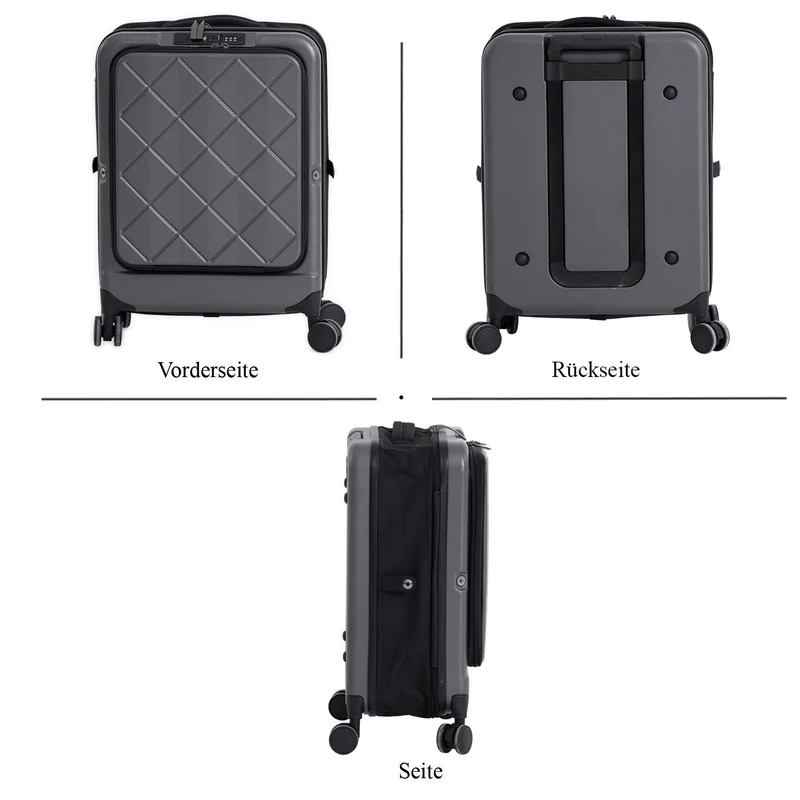 Hartschalen-Handgepäckkoffer, 20 Zoll, Polycarbonat-Schale, 4 Rollen, Teleskopgriff, Polyester-Innenfutter, Grau