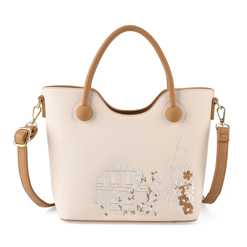 Kunstleder-Handtasche mit Tragegriffen und Umhängeriemen, florales Detail, Reißverschlussfächer, 30x22x11 cm, Gelb/Creme