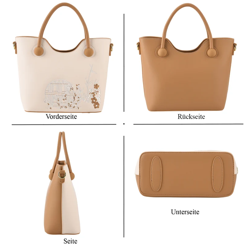 Kunstleder-Handtasche mit Tragegriffen und Umhängeriemen, florales Detail, Reißverschlussfächer, 30x22x11 cm, Gelb/Creme