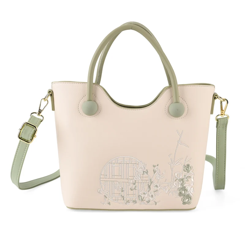 Kunstleder-Handtasche mit Tragegriffen und Umhängeriemen, florales Detail, Reißverschlussfächer, 30x22x11 cm, Gelb/Creme