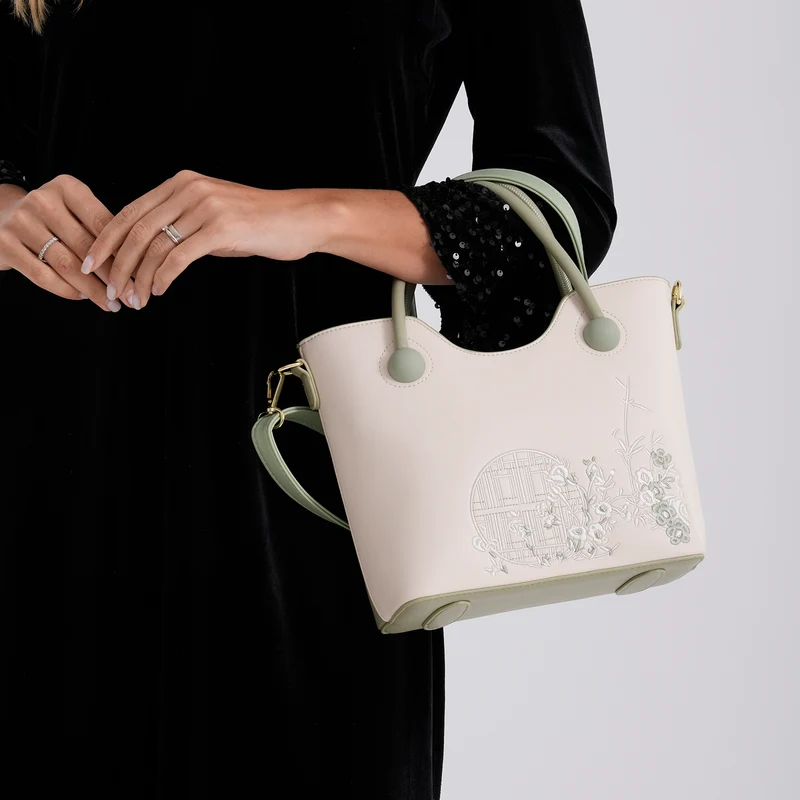 Kunstleder-Handtasche mit Tragegriffen und Umhängeriemen, florales Detail, Reißverschlussfächer, 30x22x11 cm, Gelb/Creme