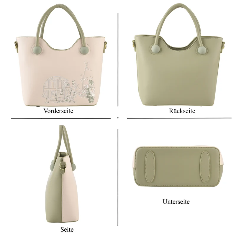 Kunstleder-Handtasche mit Tragegriffen und Umhängeriemen, florales Detail, Reißverschlussfächer, 30x22x11 cm, Gelb/Creme