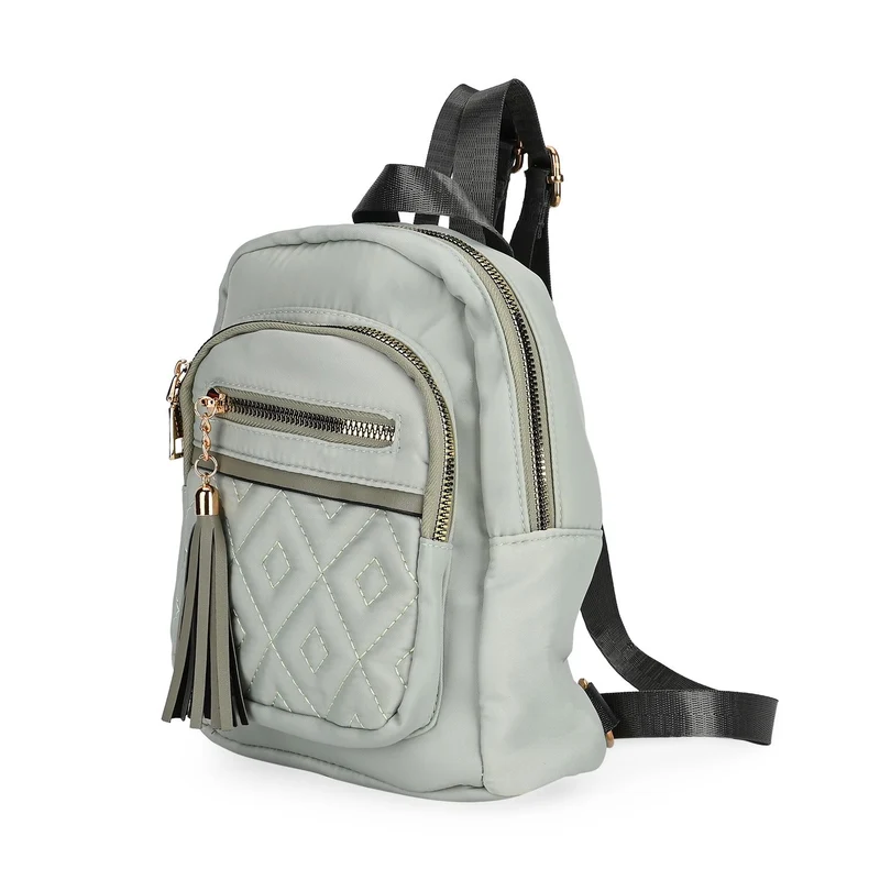 Moderner Rucksack in Steppoptik - Leicht, mit 3 Reißverschlusstaschen und gepolsterten Schulterriemen, 18 x 9 x 24 cm, Khaki