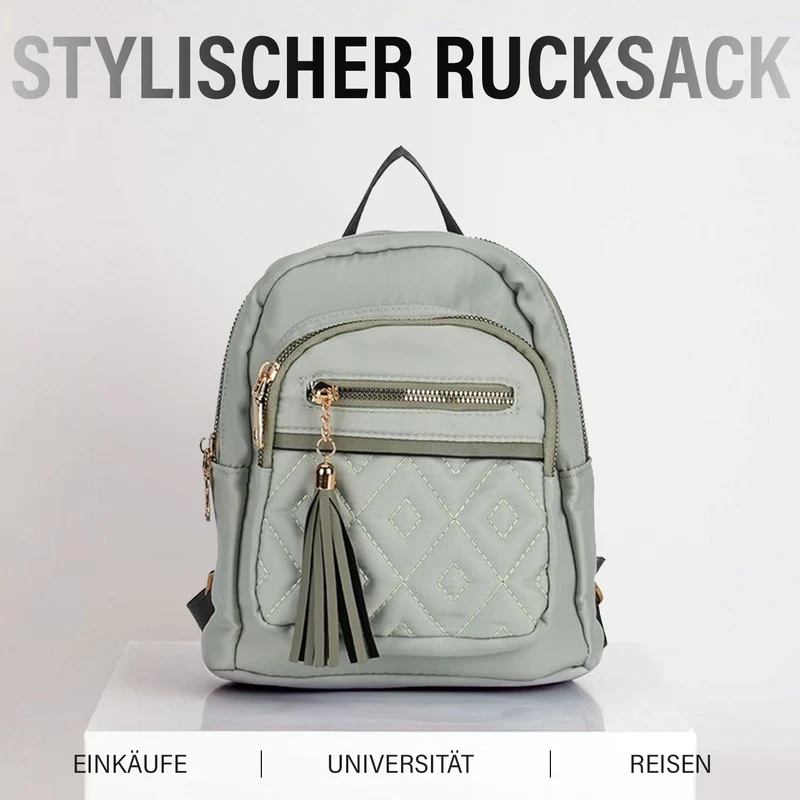 Moderner Rucksack in Steppoptik - Leicht, mit 3 Reißverschlusstaschen und gepolsterten Schulterriemen, 18 x 9 x 24 cm, Khaki