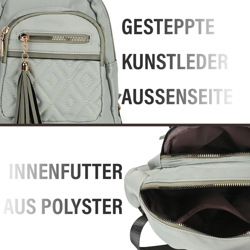 Moderner Rucksack in Steppoptik - Leicht, mit 3 Reißverschlusstaschen und gepolsterten Schulterriemen, 18 x 9 x 24 cm, Khaki