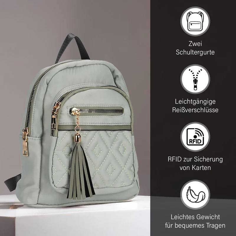 Moderner Rucksack in Steppoptik - Leicht, mit 3 Reißverschlusstaschen und gepolsterten Schulterriemen, 18 x 9 x 24 cm, Khaki