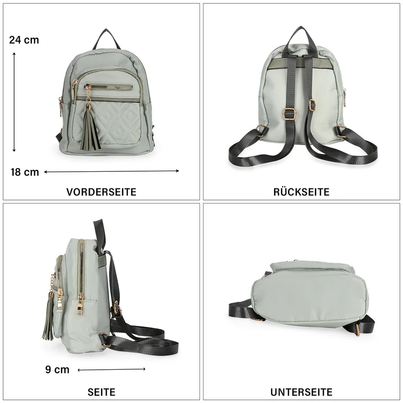 Moderner Rucksack in Steppoptik - Leicht, mit 3 Reißverschlusstaschen und gepolsterten Schulterriemen, 18 x 9 x 24 cm, Khaki