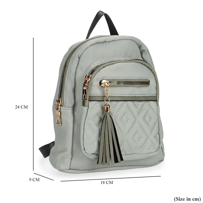 Moderner Rucksack in Steppoptik - Leicht, mit 3 Reißverschlusstaschen und gepolsterten Schulterriemen, 18 x 9 x 24 cm, Khaki