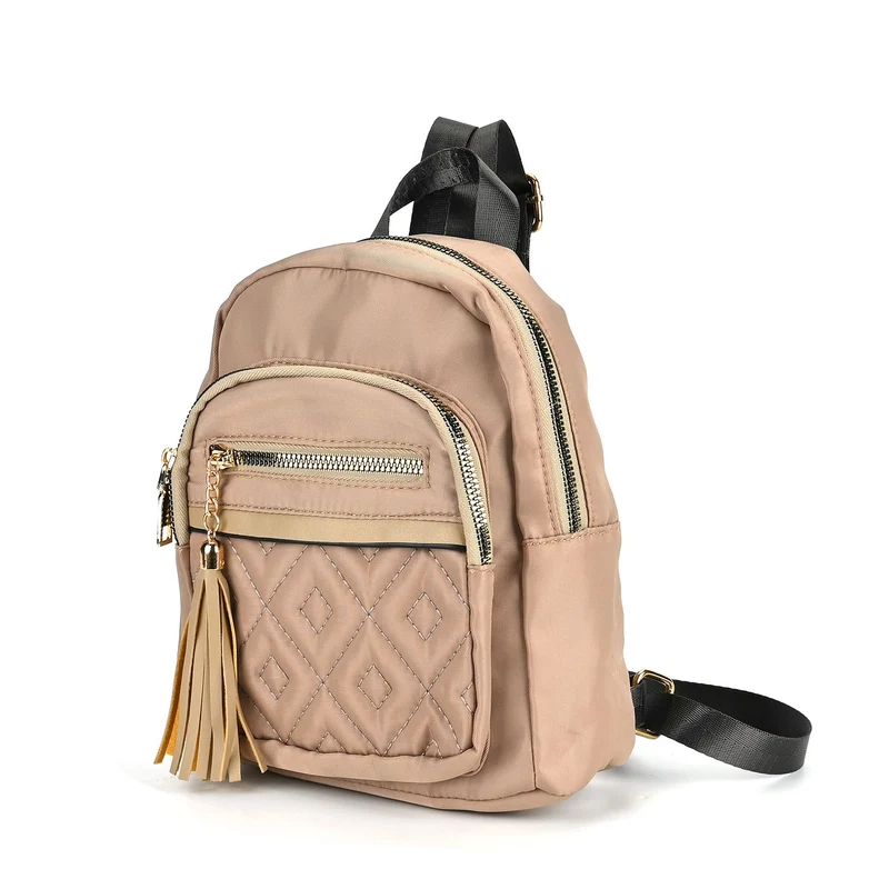 Moderner Rucksack in Steppoptik - Leicht, mit 3 Reißverschlusstaschen und gepolsterten Schulterriemen, 18 x 9 x 24 cm, Khaki