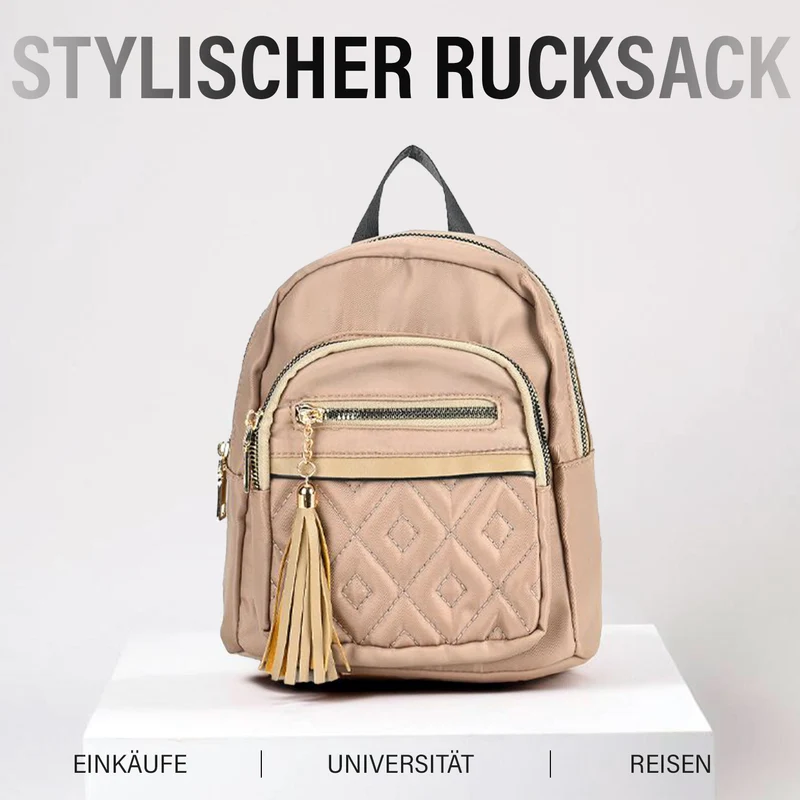 Moderner Rucksack in Steppoptik - Leicht, mit 3 Reißverschlusstaschen und gepolsterten Schulterriemen, 18 x 9 x 24 cm, Khaki