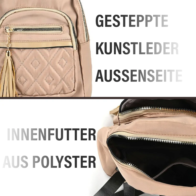 Moderner Rucksack in Steppoptik - Leicht, mit 3 Reißverschlusstaschen und gepolsterten Schulterriemen, 18 x 9 x 24 cm, Khaki