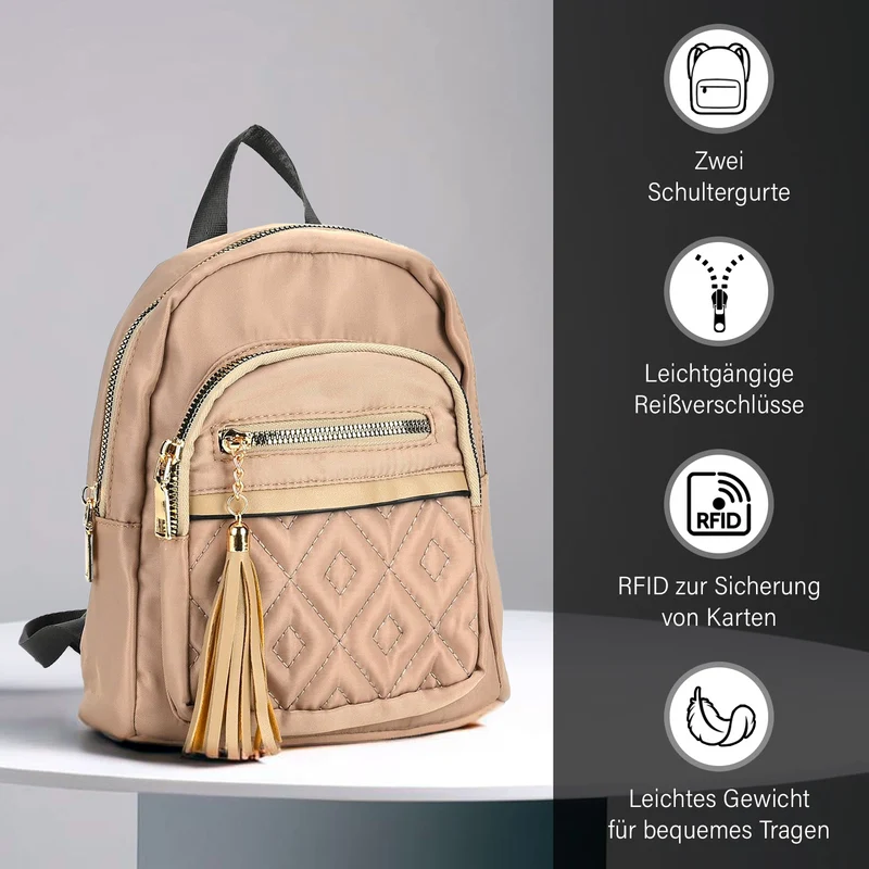 Moderner Rucksack in Steppoptik - Leicht, mit 3 Reißverschlusstaschen und gepolsterten Schulterriemen, 18 x 9 x 24 cm, Khaki