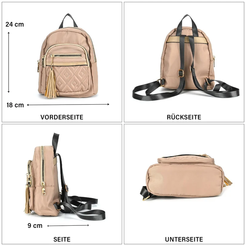 Moderner Rucksack in Steppoptik - Leicht, mit 3 Reißverschlusstaschen und gepolsterten Schulterriemen, 18 x 9 x 24 cm, Khaki