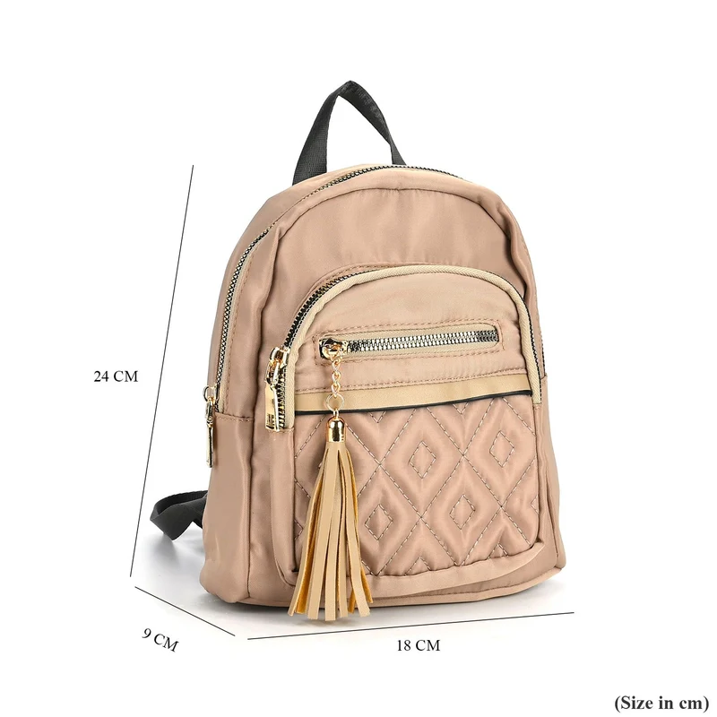 Moderner Rucksack in Steppoptik - Leicht, mit 3 Reißverschlusstaschen und gepolsterten Schulterriemen, 18 x 9 x 24 cm, Khaki