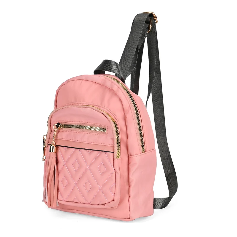 Moderner Rucksack in Steppoptik - Leicht, mit 3 Reißverschlusstaschen und gepolsterten Schulterriemen, 18 x 9 x 24 cm, Khaki