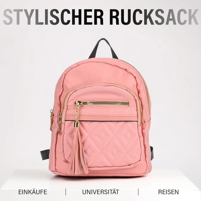 Moderner Rucksack in Steppoptik - Leicht, mit 3 Reißverschlusstaschen und gepolsterten Schulterriemen, 18 x 9 x 24 cm, Khaki