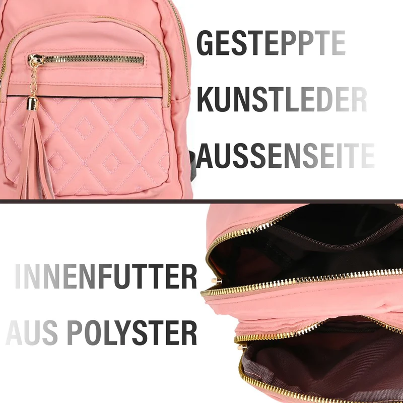 Moderner Rucksack in Steppoptik - Leicht, mit 3 Reißverschlusstaschen und gepolsterten Schulterriemen, 18 x 9 x 24 cm, Khaki