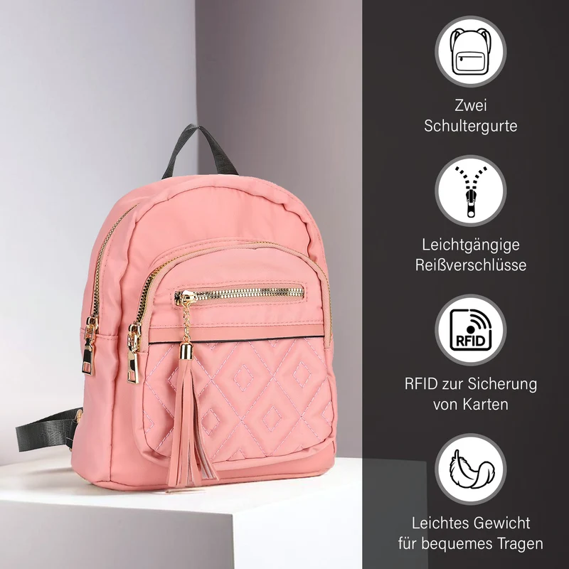 Moderner Rucksack in Steppoptik - Leicht, mit 3 Reißverschlusstaschen und gepolsterten Schulterriemen, 18 x 9 x 24 cm, Khaki