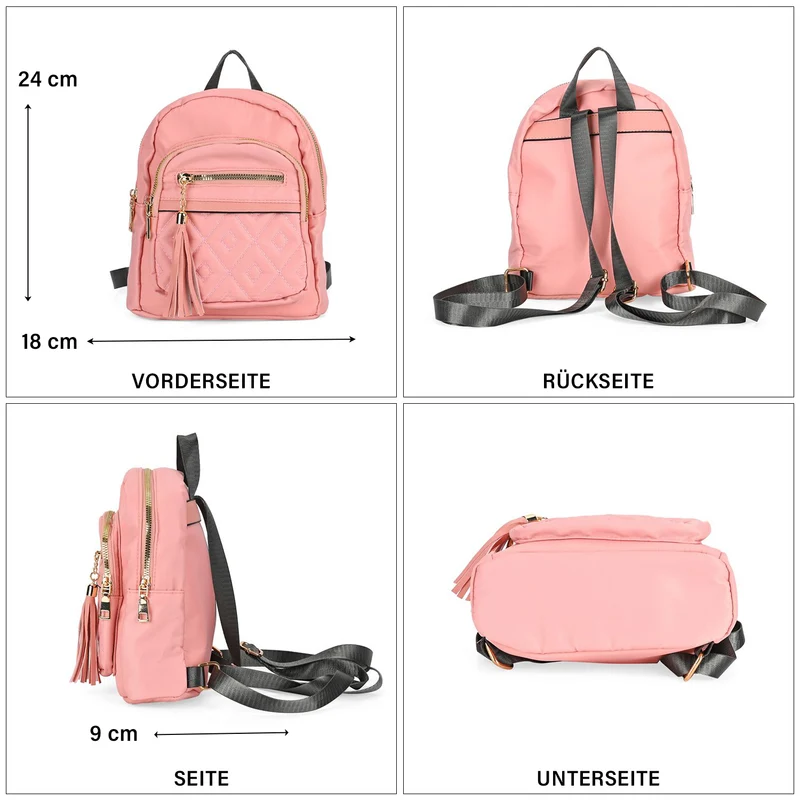 Moderner Rucksack in Steppoptik - Leicht, mit 3 Reißverschlusstaschen und gepolsterten Schulterriemen, 18 x 9 x 24 cm, Khaki