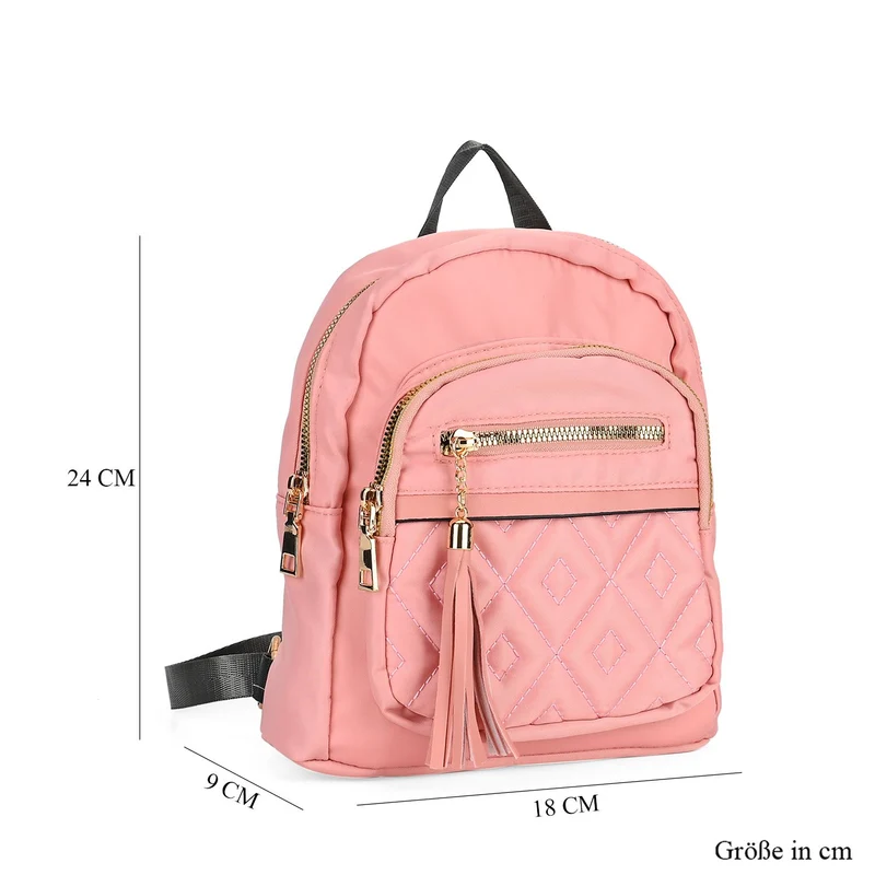 Moderner Rucksack in Steppoptik - Leicht, mit 3 Reißverschlusstaschen und gepolsterten Schulterriemen, 18 x 9 x 24 cm, Khaki