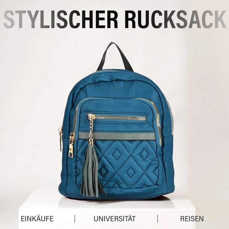 Moderner Rucksack in Steppoptik - Leicht, mit 3 Reißverschlusstaschen und gepolsterten Schulterriemen, 18 x 9 x 24 cm, Khaki