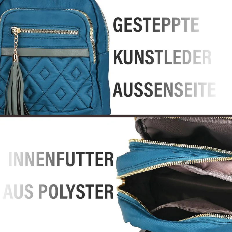 Moderner Rucksack in Steppoptik - Leicht, mit 3 Reißverschlusstaschen und gepolsterten Schulterriemen, 18 x 9 x 24 cm, Khaki