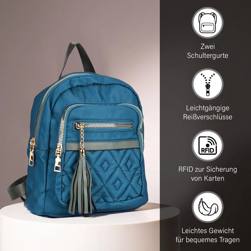 Moderner Rucksack in Steppoptik - Leicht, mit 3 Reißverschlusstaschen und gepolsterten Schulterriemen, 18 x 9 x 24 cm, Khaki