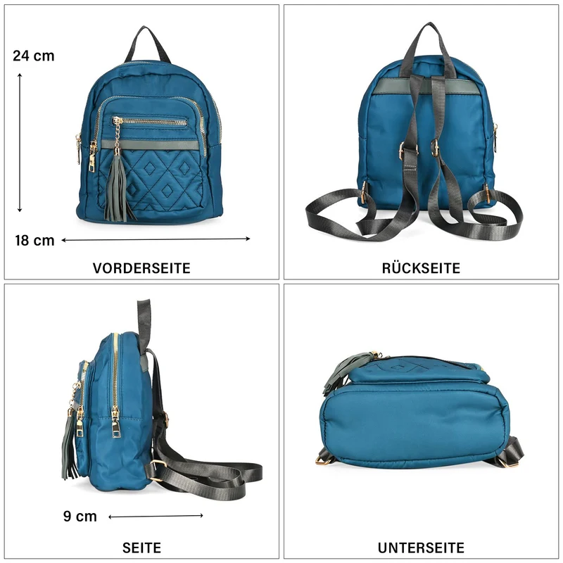 Moderner Rucksack in Steppoptik - Leicht, mit 3 Reißverschlusstaschen und gepolsterten Schulterriemen, 18 x 9 x 24 cm, Khaki