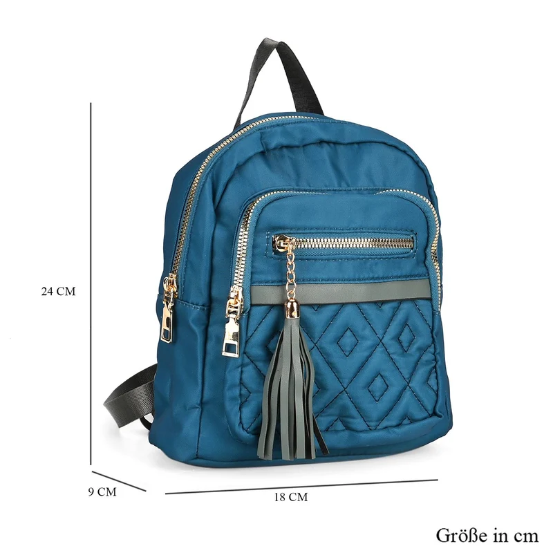 Moderner Rucksack in Steppoptik - Leicht, mit 3 Reißverschlusstaschen und gepolsterten Schulterriemen, 18 x 9 x 24 cm, Khaki