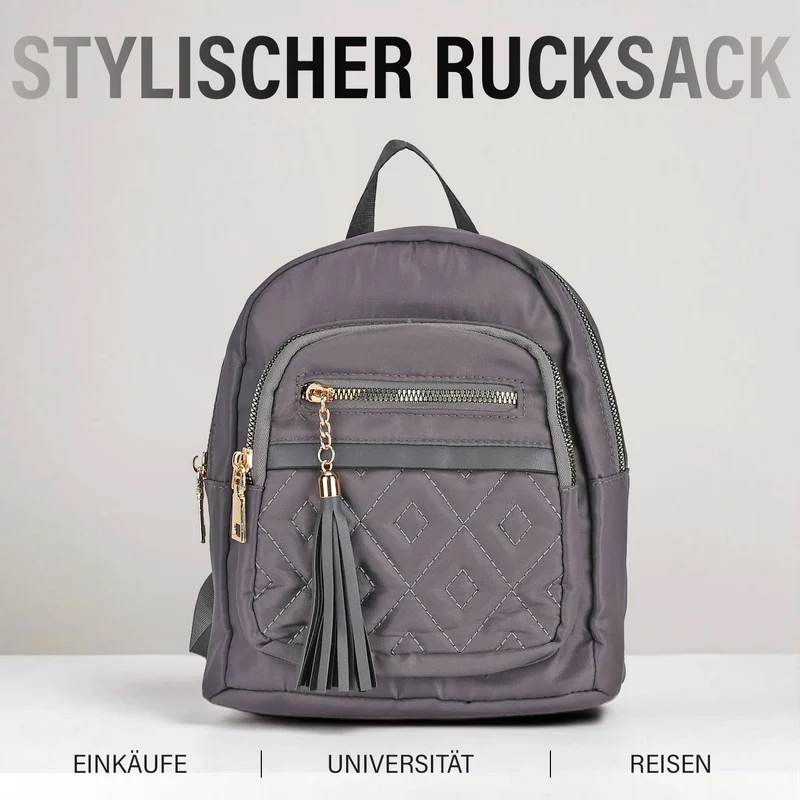 Moderner Rucksack in Steppoptik - Leicht, mit 3 Reißverschlusstaschen und gepolsterten Schulterriemen, 18 x 9 x 24 cm, Khaki