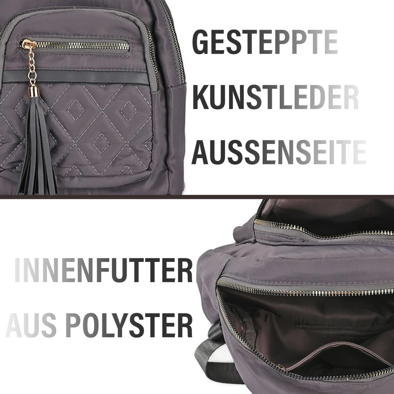 Moderner Rucksack in Steppoptik - Leicht, mit 3 Reißverschlusstaschen und gepolsterten Schulterriemen, 18 x 9 x 24 cm, Khaki