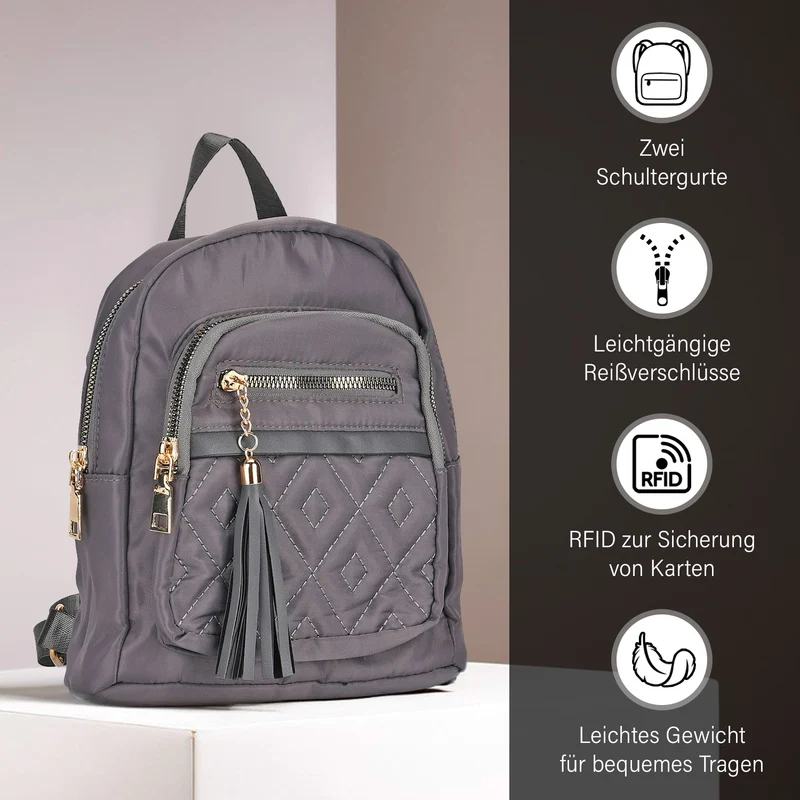 Moderner Rucksack in Steppoptik - Leicht, mit 3 Reißverschlusstaschen und gepolsterten Schulterriemen, 18 x 9 x 24 cm, Khaki