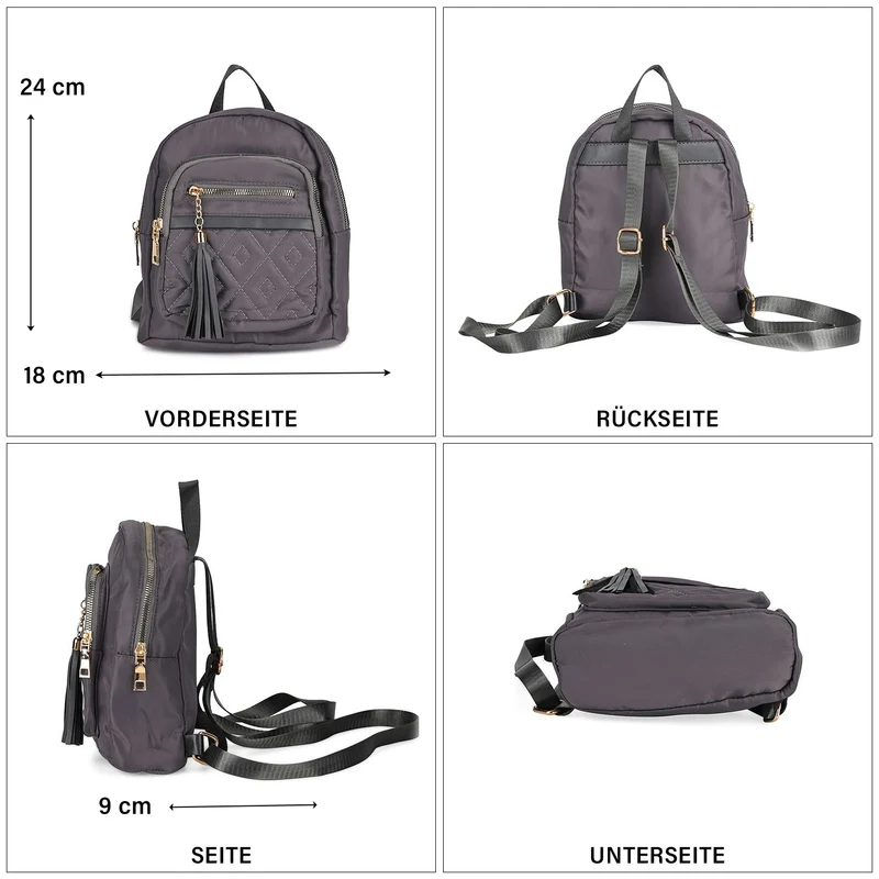 Moderner Rucksack in Steppoptik - Leicht, mit 3 Reißverschlusstaschen und gepolsterten Schulterriemen, 18 x 9 x 24 cm, Khaki